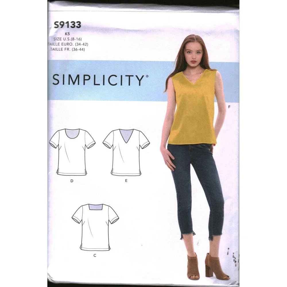 Simplicity S9133 Misses Tops Sewing Pattern Size 8-16 V-Neck Scoop Square Neck